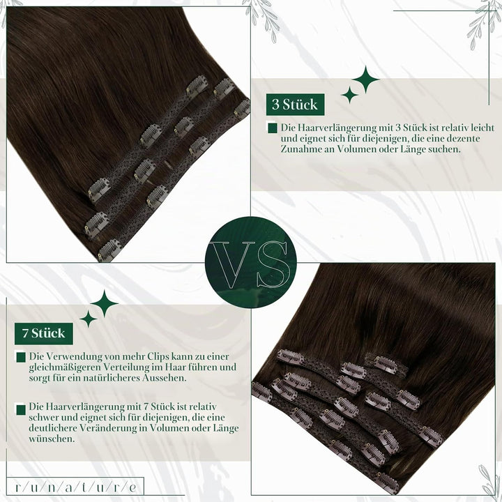RUNATURE Clip in Extensions Echthaar 30cm Braun Menschliches Haar Echthaar Extensions Clip in 3Pcs G