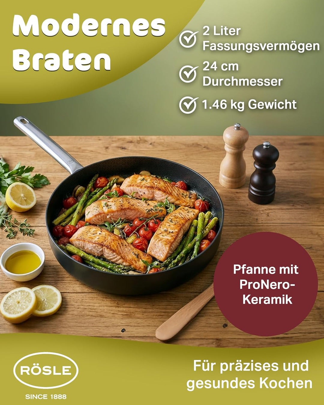 RÖSLE EBONIC Pfanne 24 cm Induktion – Bratpfanne 24cm mit ProNero Keramik Antihaftbeschichtung & Wab