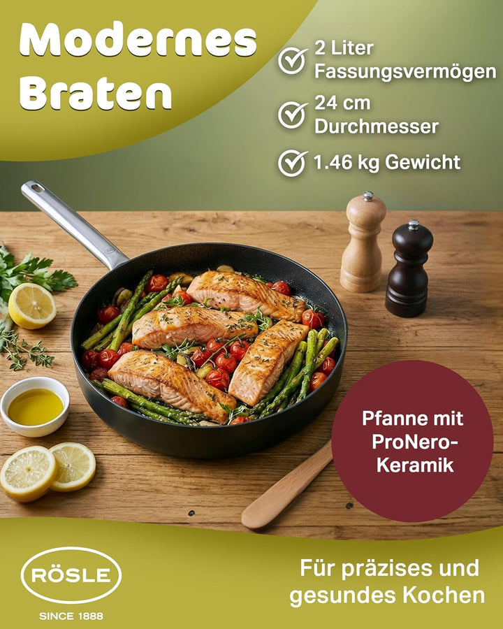 RÖSLE EBONIC Pfanne 24 cm Induktion – Bratpfanne 24cm mit ProNero Keramik Antihaftbeschichtung & Wab