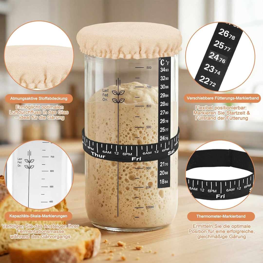 Sauerteig Starter Set aus Glas 1000ml - Anstellgut Glas Behälter mit Spatel Fermentierglas Cloth Cov