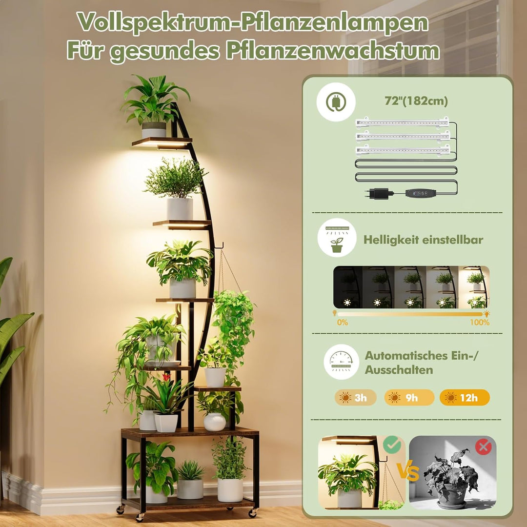 HAUSPROFI Pflanzenständer mit LED-Wachstumslicht (Warmweiss), Blumenständer 7 Ebenen 165cm, Pflanzen