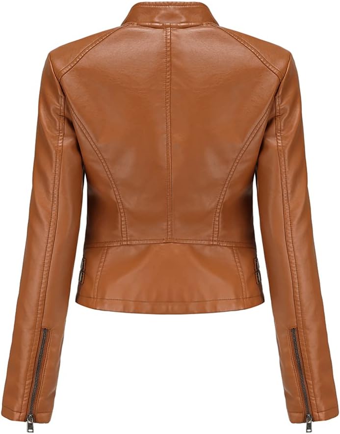 YYNUDA Damen Lederjacke Kurz Bikerjacke Stehkragen Reissverschluss Leder Jacke Übergangsjacke für He