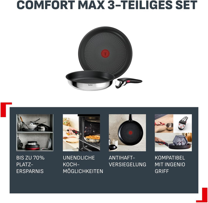 Tefal Ingenio Comfort Max 3-tlg. Pfannen-Set, Titanium Antihaftversiegelung, stapelbar, platzsparend