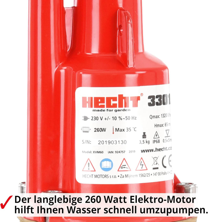 HECHT Tiefbrunnenpumpe – 260 Watt / 230v -240 v – 70 m Förderhöhe – 1400 l/h Fördermenge Wasser – Me