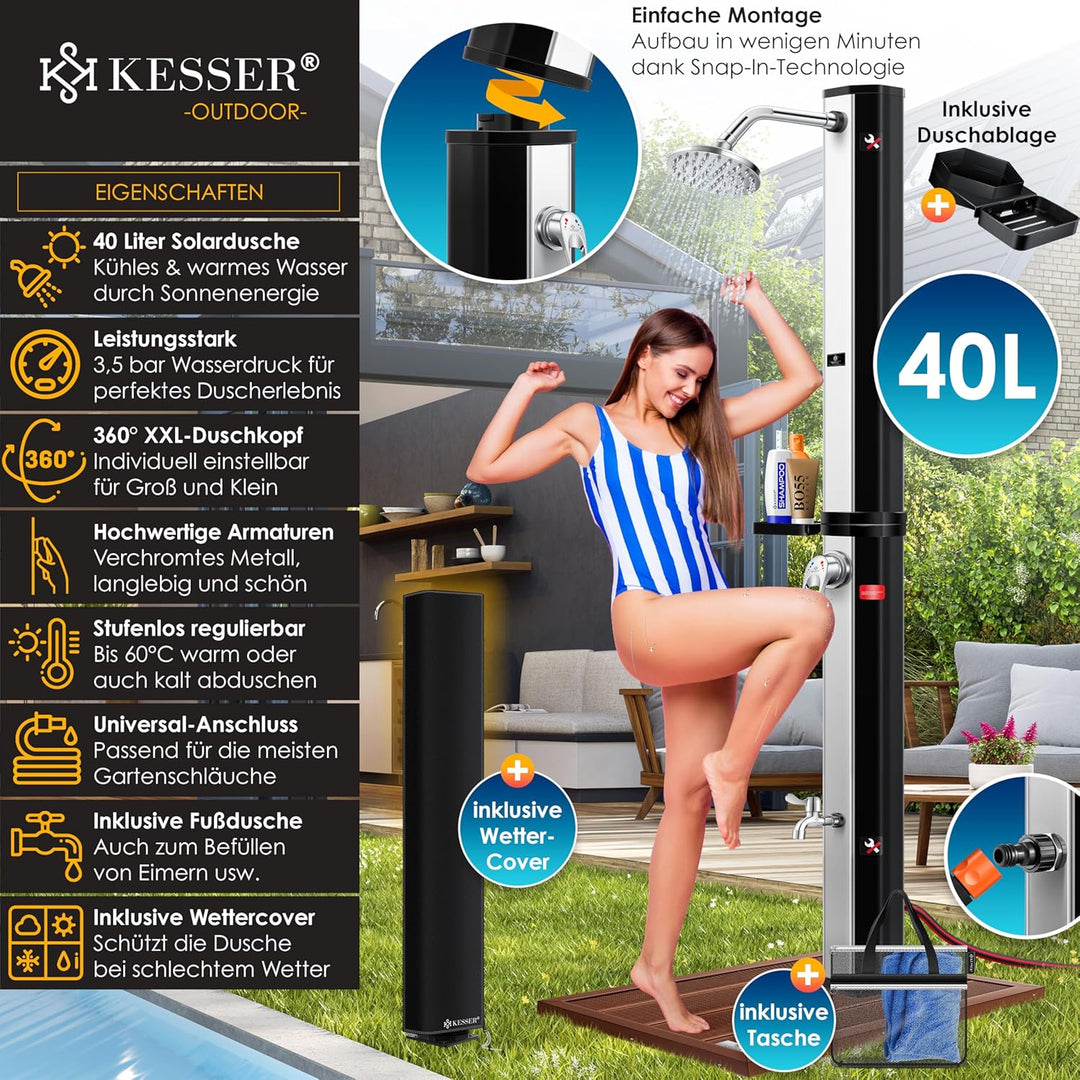 KESSER® Solardusche 40 Liter Solar Gartendusche inkl. Metall-Duschablage & Schutzhaube | warmes Wass