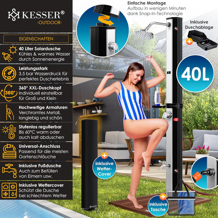 KESSER® Solardusche 40 Liter Solar Gartendusche inkl. Metall-Duschablage & Schutzhaube | warmes Wass