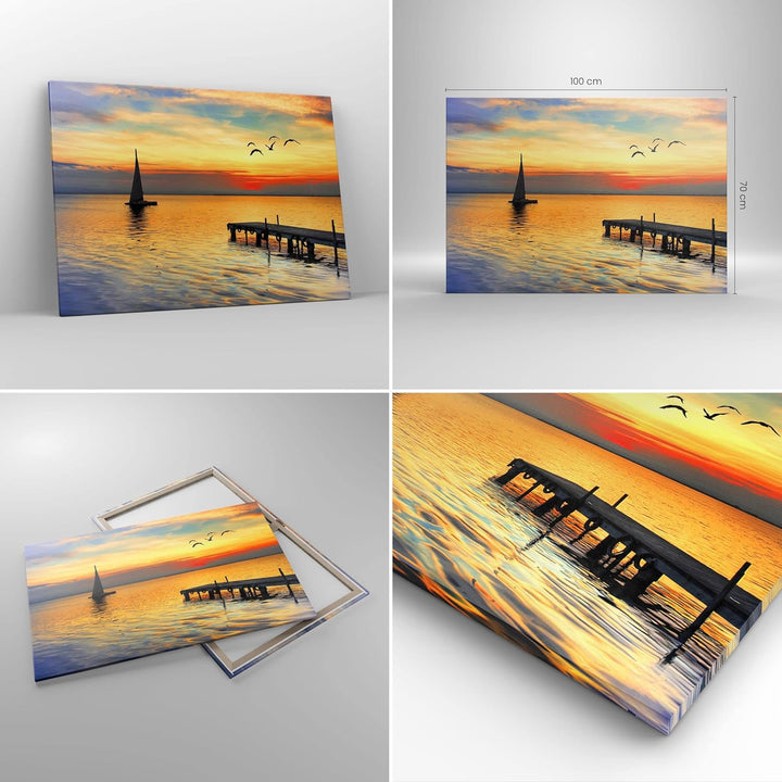 Bilder auf Leinwand 100x70cm Leinwandbild Strand landschaft wasser brücke Gross Wanddeko Bild Schlaf