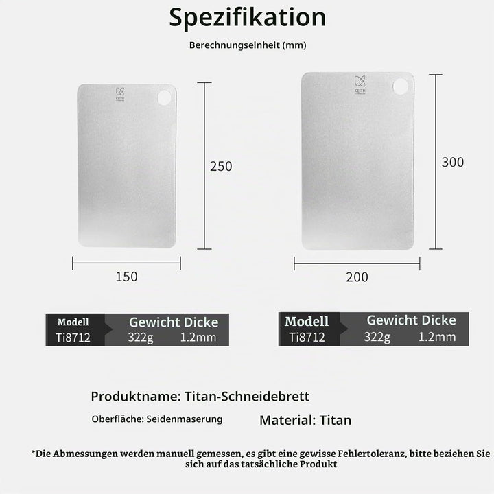 KEITH Titan Schneidebrett, doppelseitig, Titanium schneidbrett aus reinem Titan für Fleisch, Obst un