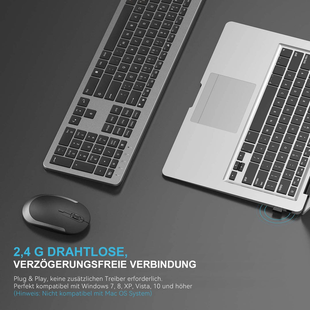 Tastatur Maus Set Kabellos, seenda Ultra-Dünne Wiederaufladbare Funktastatur mit Maus, Ergonomische