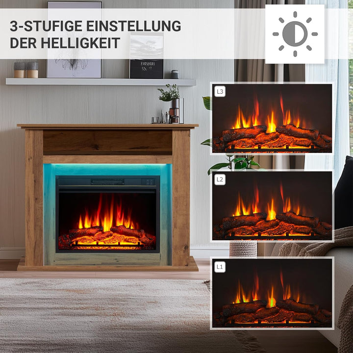 Elektrokamin BALDERIA Liora - Elektrischer Standkamin mit Ablagefach, 3D-Flammeneffekt, LED-Ambiente