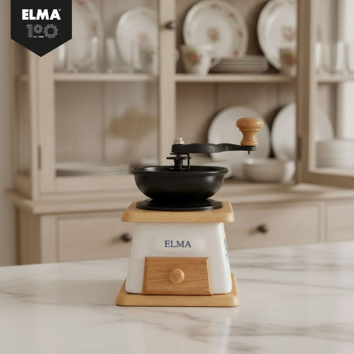 ELMA Manuelle Kaffeemühle aus Keramik für dekorative Zwecke, Retro-Vintage-Stil, braun auf Holz, Han