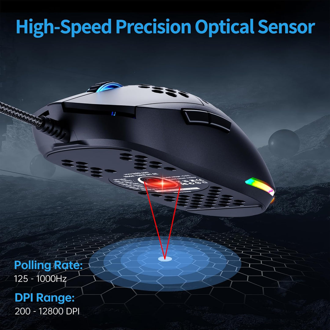 TMKB M1se Gaming Maus mit 12800 DPI Optischer Sensor,6 Programmierbare Tasten Wabenmaus,Anpassbares