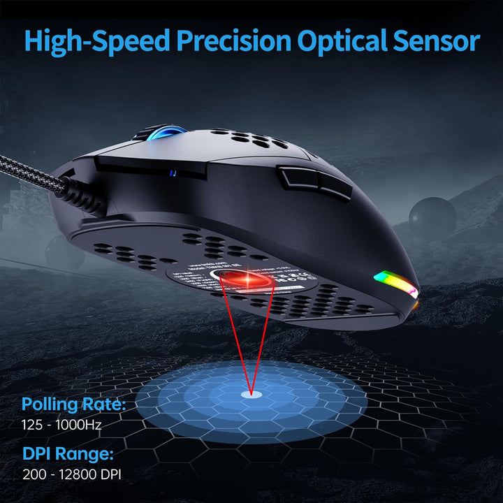 TMKB M1se Gaming Maus mit 12800 DPI Optischer Sensor,6 Programmierbare Tasten Wabenmaus,Anpassbares