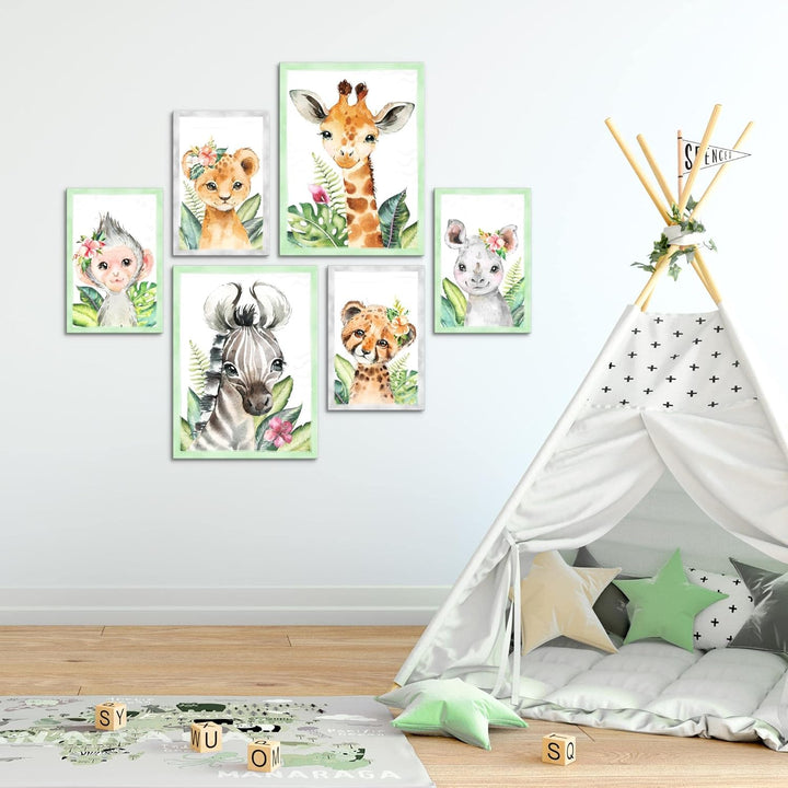 Novart Wandbilder Set Tiere Afrika Grün - KEIN EXTRA RAHMEN BENÖTIGT - Modern Deko - Kinderzimmer Mä