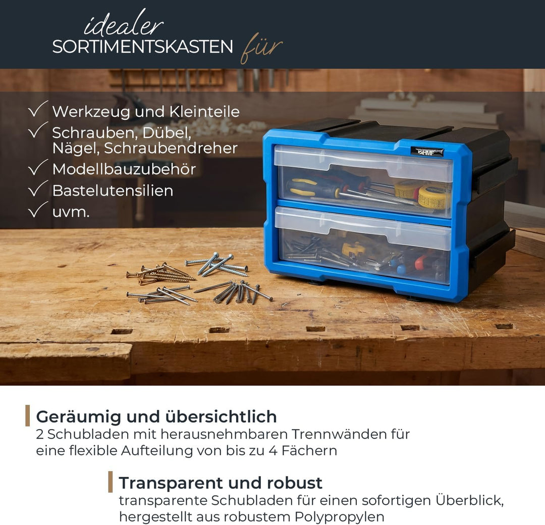 HMF Sortierbox für Kleinteile mit 2 Schubladen, erweiterbarer Sortimentskasten für Schrauben und Wer