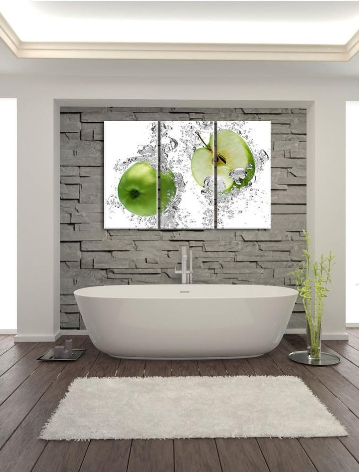 Pixxprint saftig grüne Äpfel im Wasser als Leinwandbild/Grösse: 3 Teilig (120x80 cm) cm/Wandbild/Kun