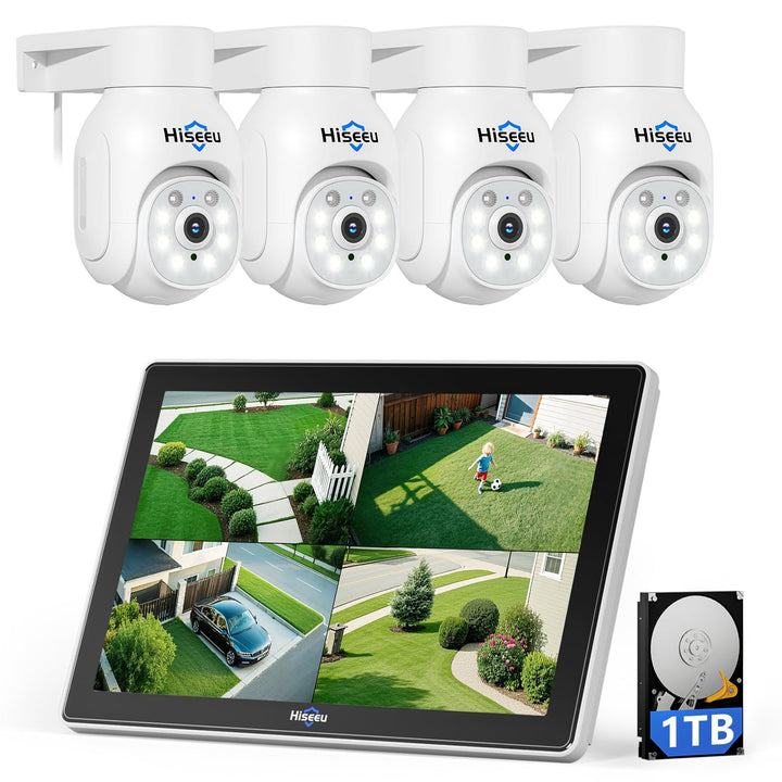 【5MP+PTZ】 Hiseeu Überwachungskamera Set Aussen WLAN mit 10''Monitor 10CH Wireless NVR,4 Pcs 5MP PTZ