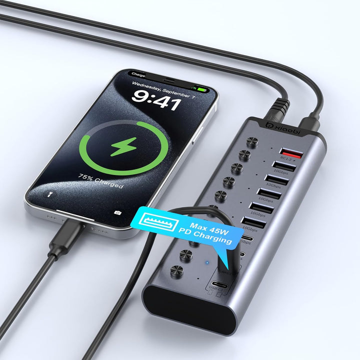 Aktiver USB-Hub, 10-Port USB-C-Hub mit 5 USB-A 3.2, 2 USB-C 3.2 und BC1.2 sowie 2 PD 45W Ladeanschlü