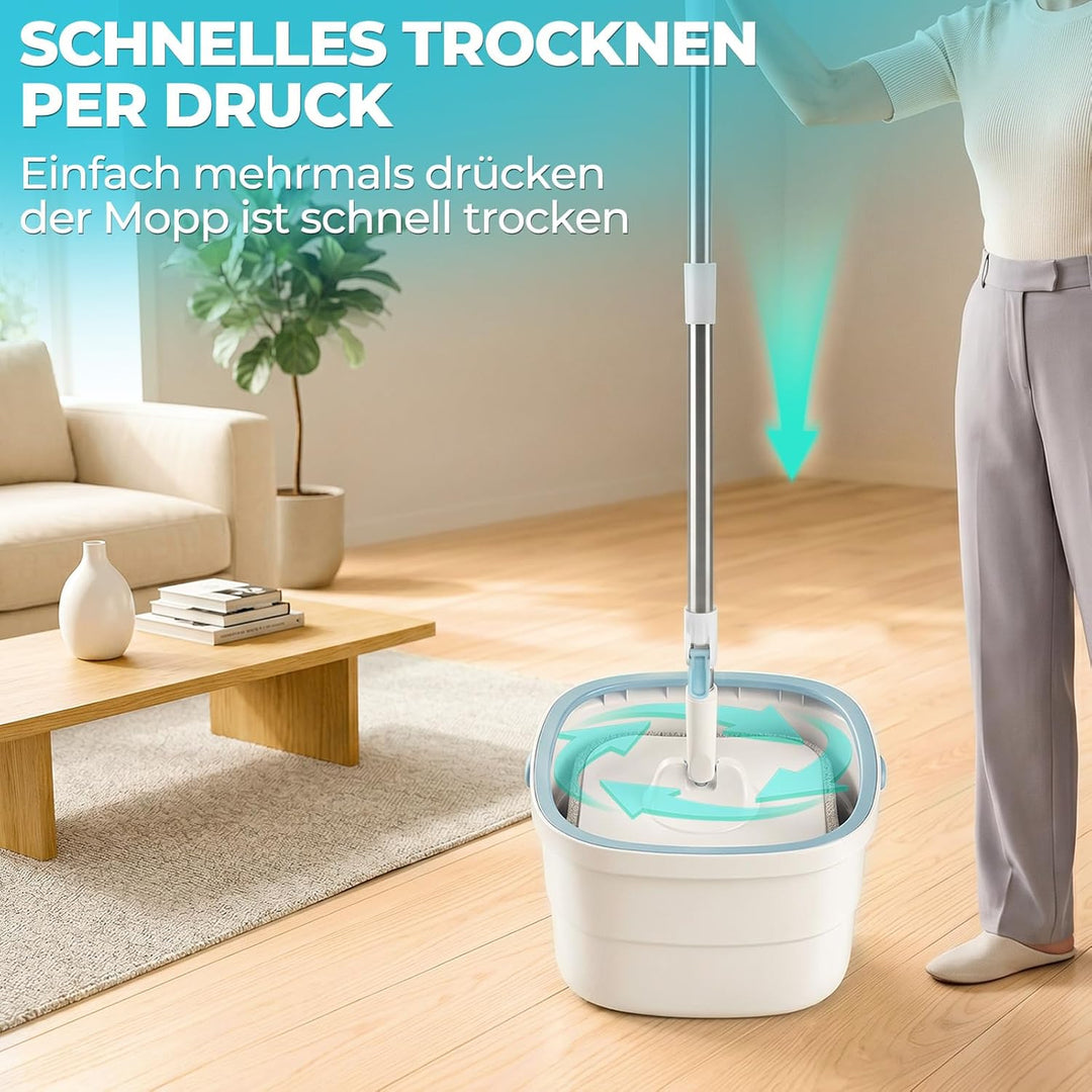 Wischmopp Set mit Eimer, Flachmopp mit Doppelkammer-System zur Trennung von Schmutz- und Frischwasse