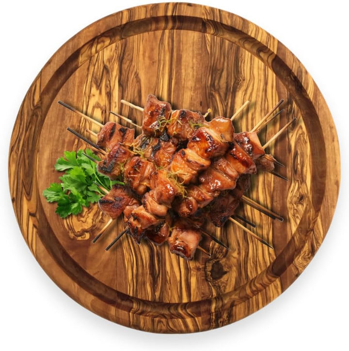 Schneidebrett The Goldcoin rund mit Saftrille Ø32 cm Servierplatte handgemacht aus Olivenholz Ø 32 c