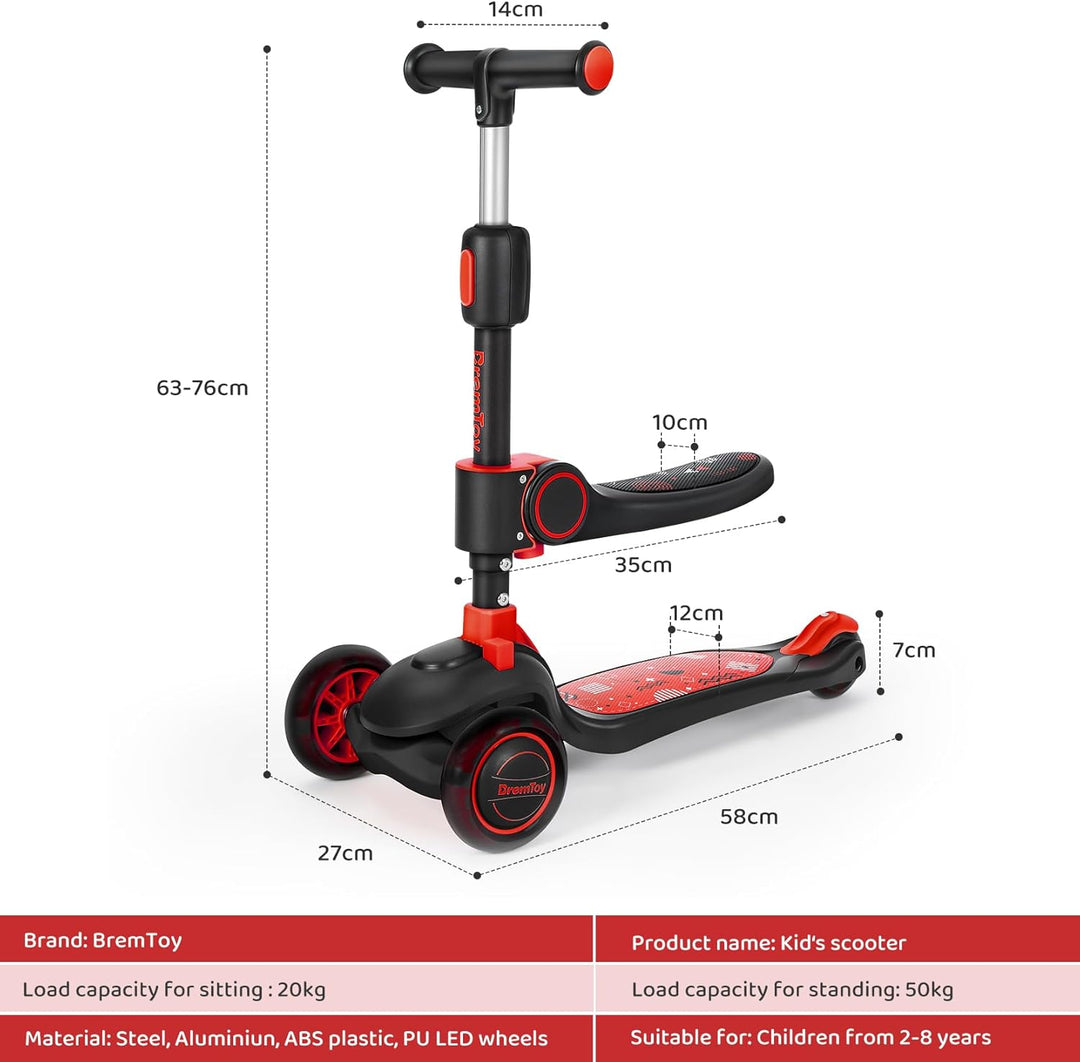 BremToy Kinderroller mit Sitz, Tretroller mit LED Rädern, Kinder Scooter mit Höhenverstellbarem Lenk