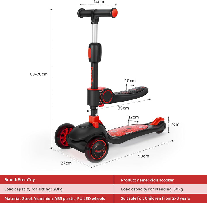 BremToy Kinderroller mit Sitz, Tretroller mit LED Rädern, Kinder Scooter mit Höhenverstellbarem Lenk