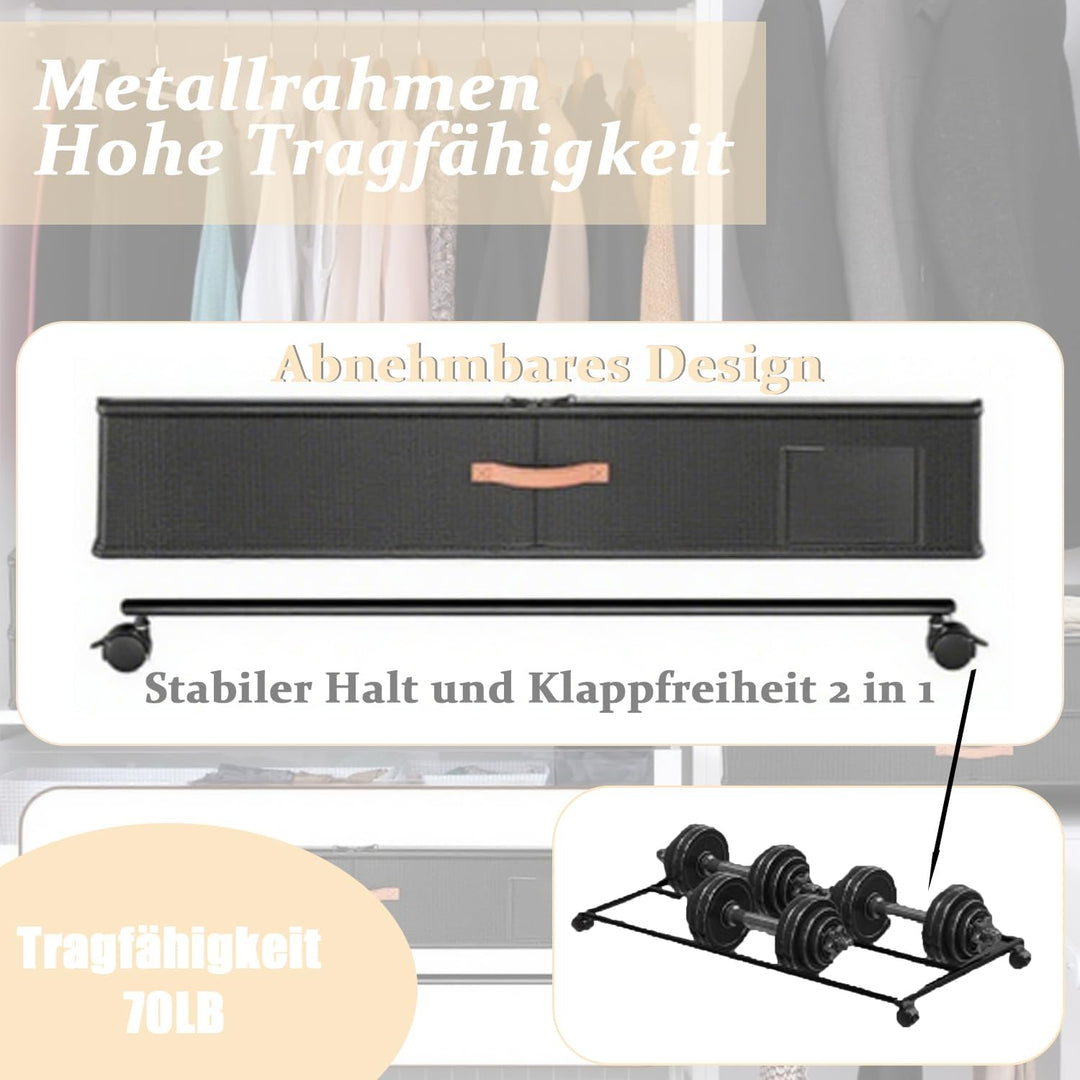 2 Stück Unterbett Aufbewahrungsbox mit Rollen, 50L Metallrahmen Unterbett Aufbewahrung, Bettkasten A
