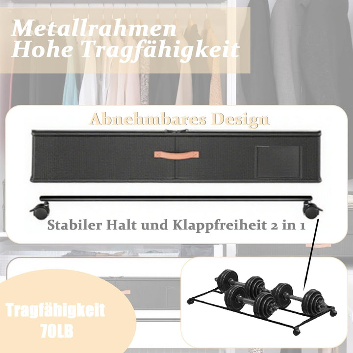 2 Stück Unterbett Aufbewahrungsbox mit Rollen, 50L Metallrahmen Unterbett Aufbewahrung, Bettkasten A