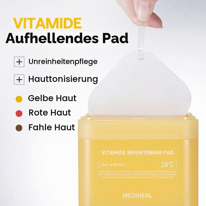MEDIHEAL Vitamide Brightening Pad - Vegan Face Hypoallergenic Pads with Niacinamide, Sea Buckthorn -