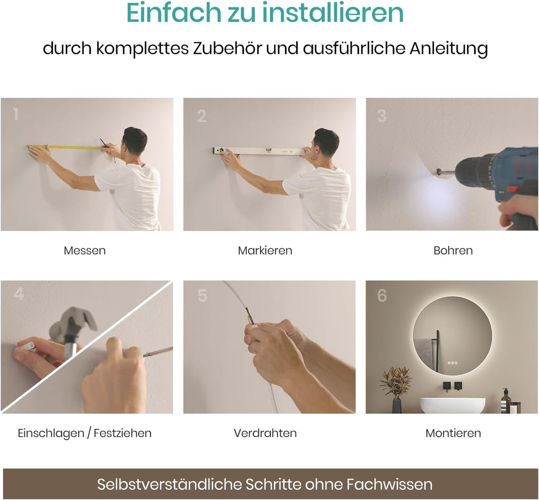 EMKE Badspiegel mit Beleuchtung Rund 50cm, Badezimmerspiegel mit 3 dimmbaren Lichtfarben, Antibeschl