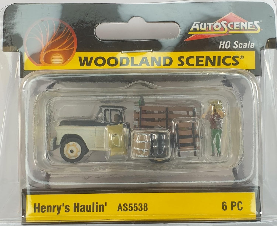 Henry´s Haulin Woodland Scenics AS5538 fährt Waren zum Markt mit Pickup Lkw Figur Ladung Fass Sack K