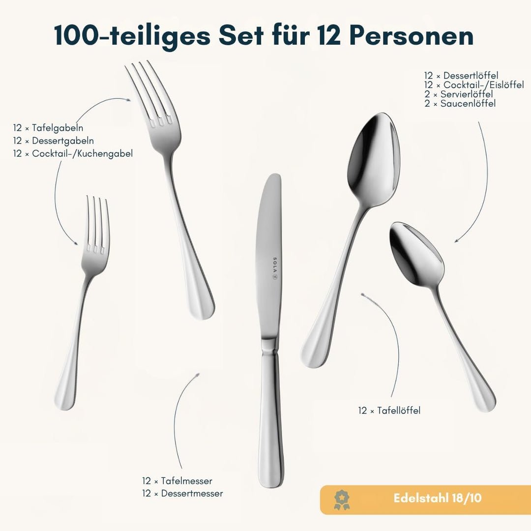 Sola Hollands Glad Besteck Set - 12 Personen Essbesteck - 100 Teilig, 18/10 Rostfreiem Stahl - Robus