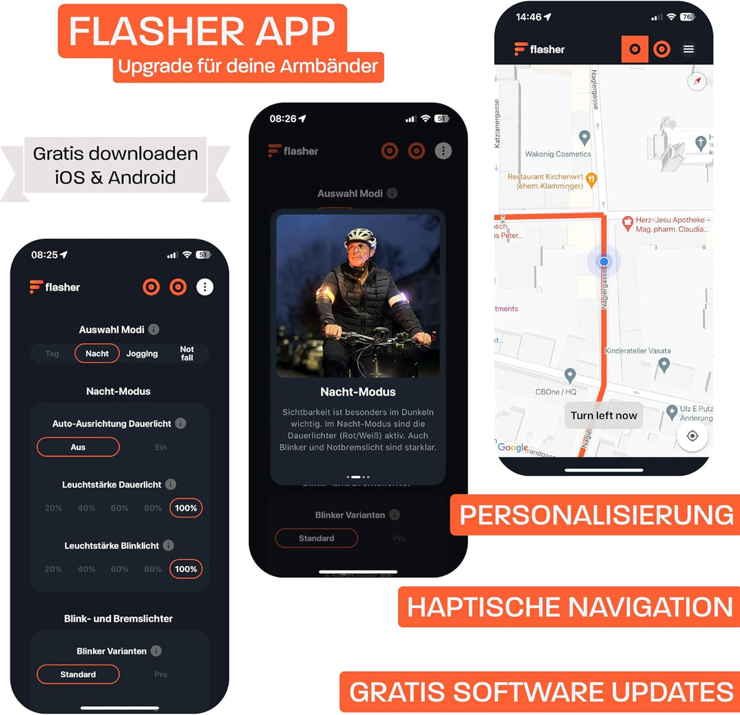 Flasher Patentierte Blinker LED Armbänder für Fahrrad, E-Scooter, Läufer | Smartes Bremslicht, Blink