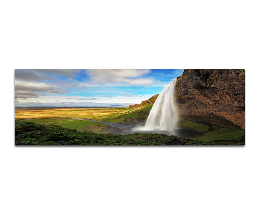 Paul Sinus Art Panoramabild auf Leinwand und Keilrahmen 150x50cm Felsen Wasserfall Wiesen Wolken Him