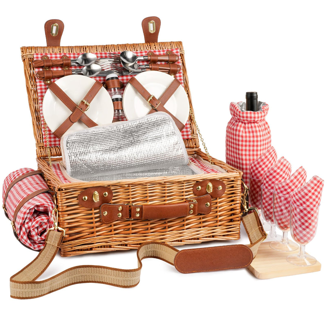 Wicker Picknickkorb Set für 4 Person mit Kühlfach und wasserdichte Picknickdecke, Abnehmbarer Riemen