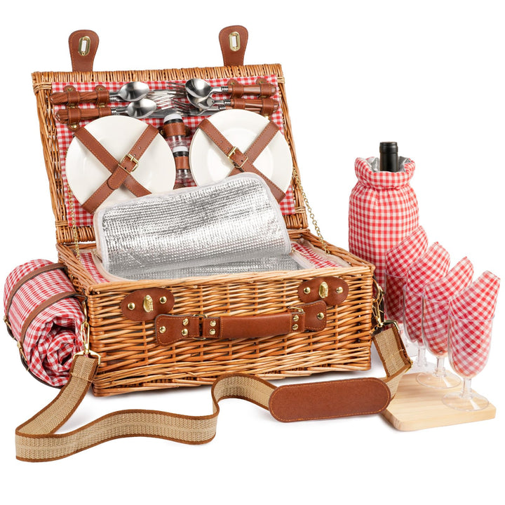 Wicker Picknickkorb Set für 4 Person mit Kühlfach und wasserdichte Picknickdecke, Abnehmbarer Riemen