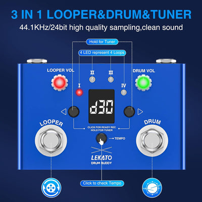 LEKATO Drum Looper Pedal mit Stimmgerät, 4 Loops, 11 Minuten Loop Pedal mit Drumcomputer 30 Trommeln