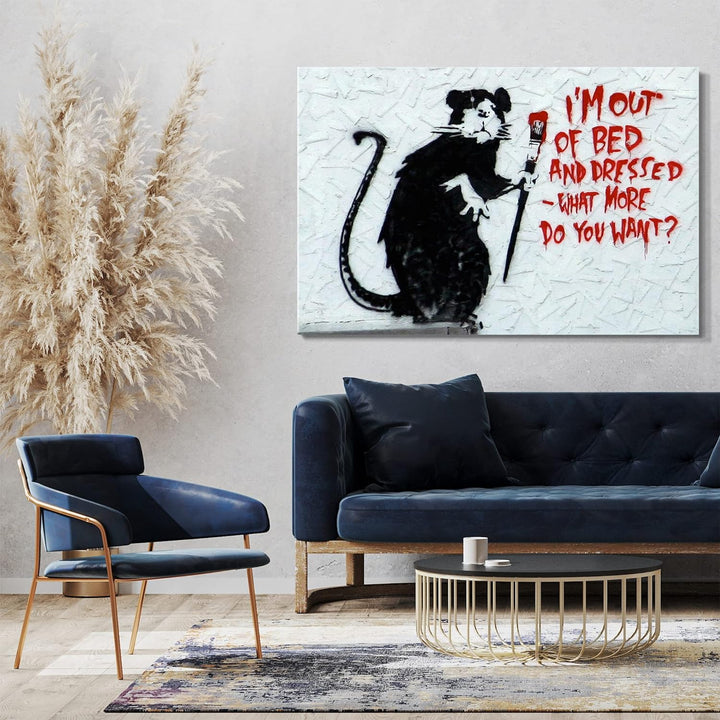 Printed Paintings Leinwand (80x60cm): Banksy - Ratte mit Pinsel What do You Want? Rat I'm Out o 80x6