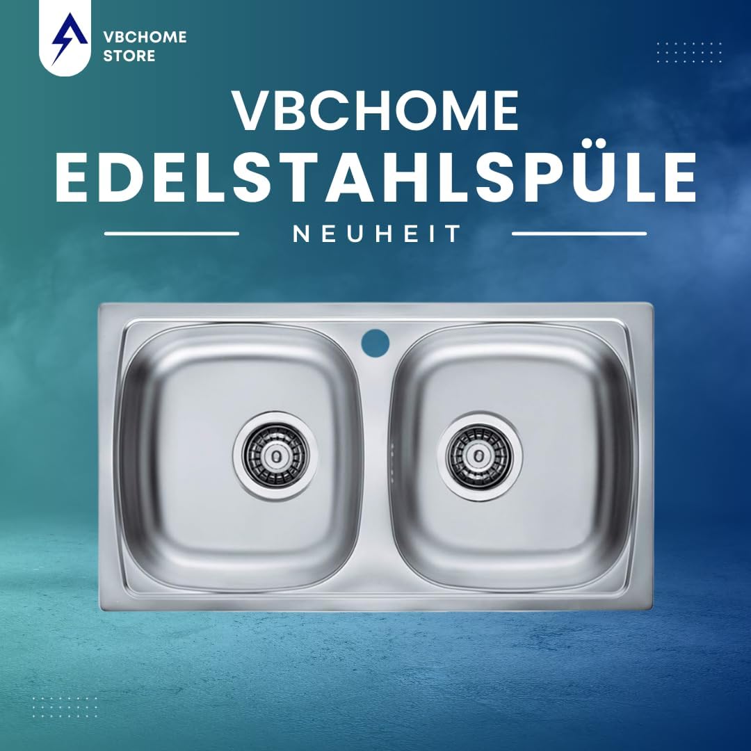 VBChome Doppelbecken Einbauspüle mit Hahnloch 78 x 44 cm Camping Küchenspüle - Leinenstruktur Alveus
