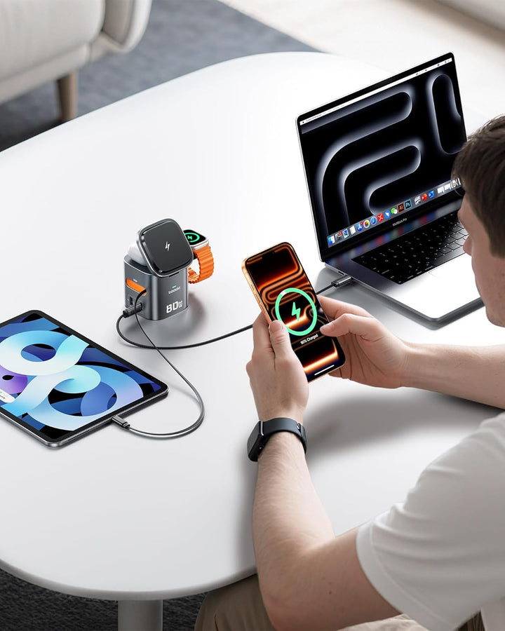 toocki USB C Ladegerät, 6Port GaN Ladestation mit Schnell Einziehbares Ladekabel und Mag.Safe Ladege
