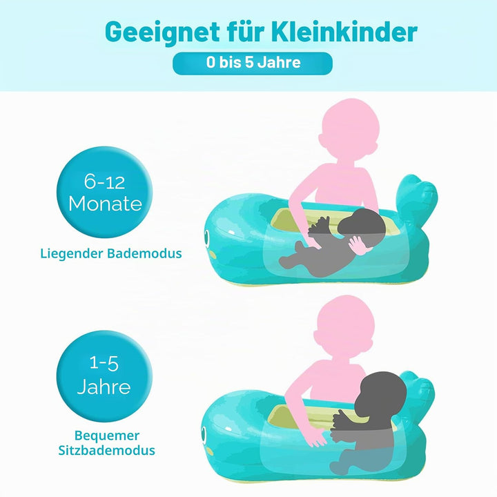 Aufblasbare Baby-Badewanne im Wal mit Rückenstütze und Tier-Design, geräumige, tragbare faltbare Bad