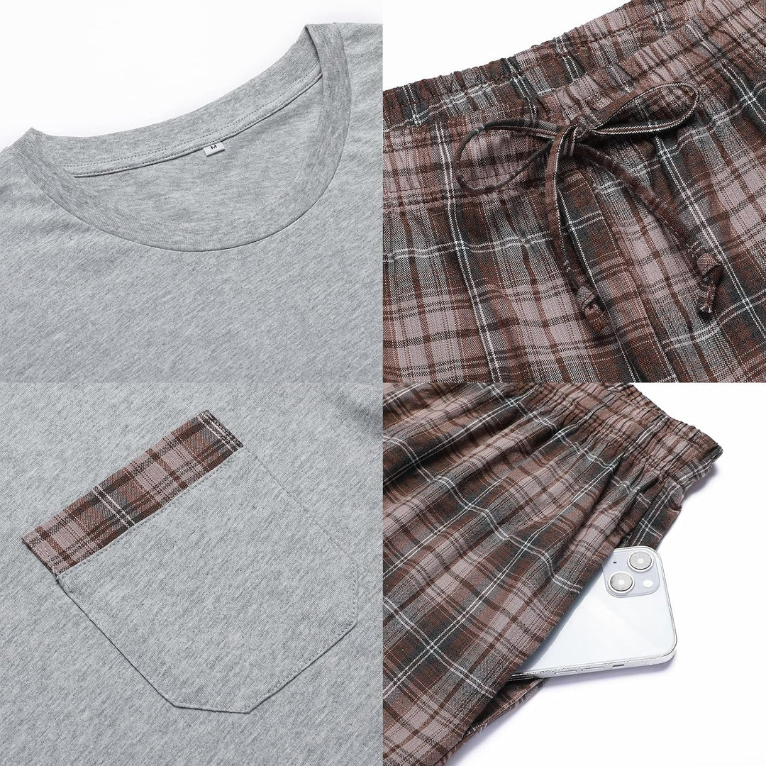 Schlafanzug Herren Kurz Pyjama Set aus Baumwolle Kurzarm Nachtwäsche mit Karierter Hose und Brusttas