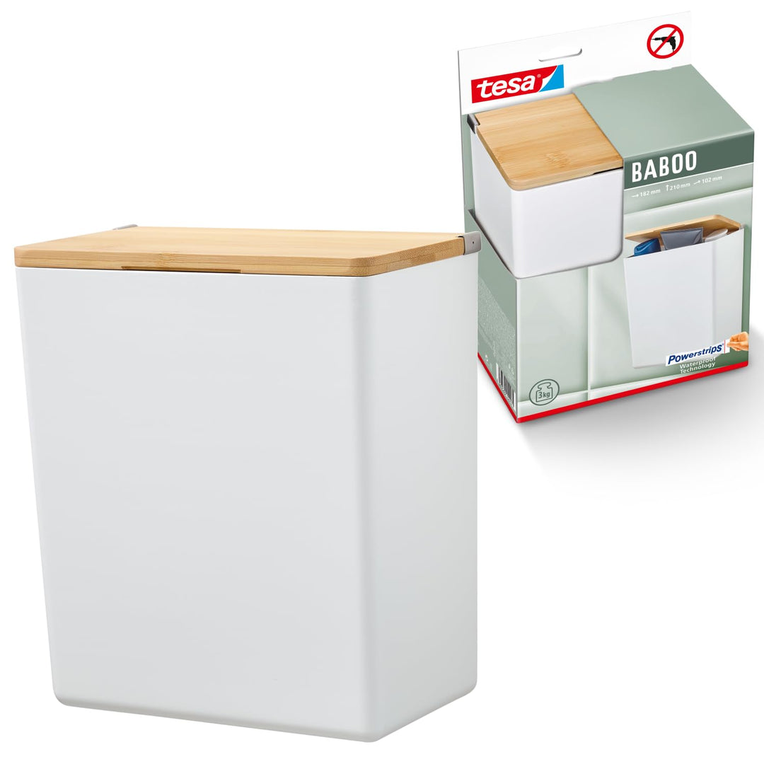 tesa Baboo L Badorganizer mit Bambus-Deckel, matt-weiss - Bad-Aufbewahrungsbox zur Wandmontage ohne