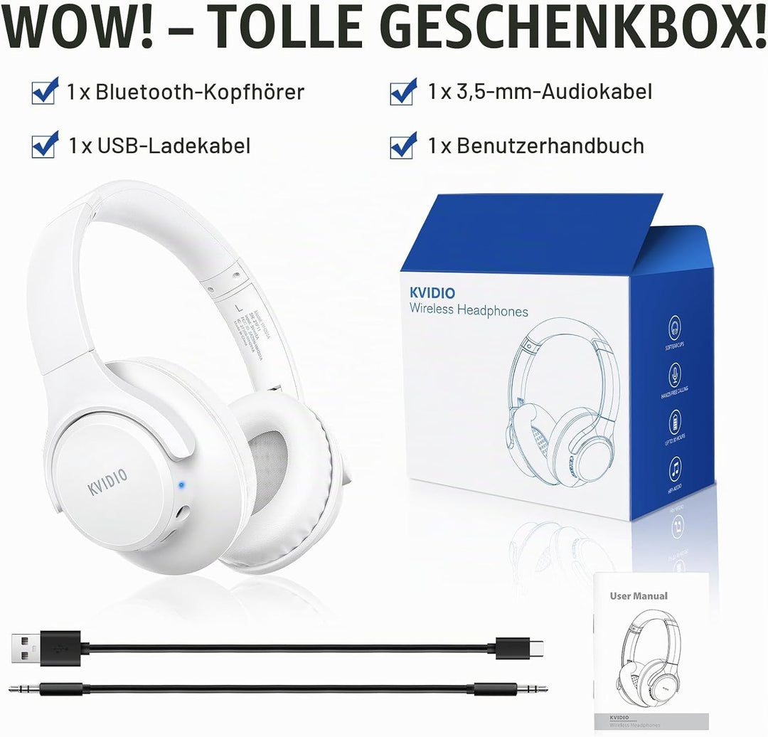KVIDIO Bluetooth Kopfhörer, Kabellose Kopfhörer mit 65 Stunden Spielzeit, Intensiver Bass, Wireless