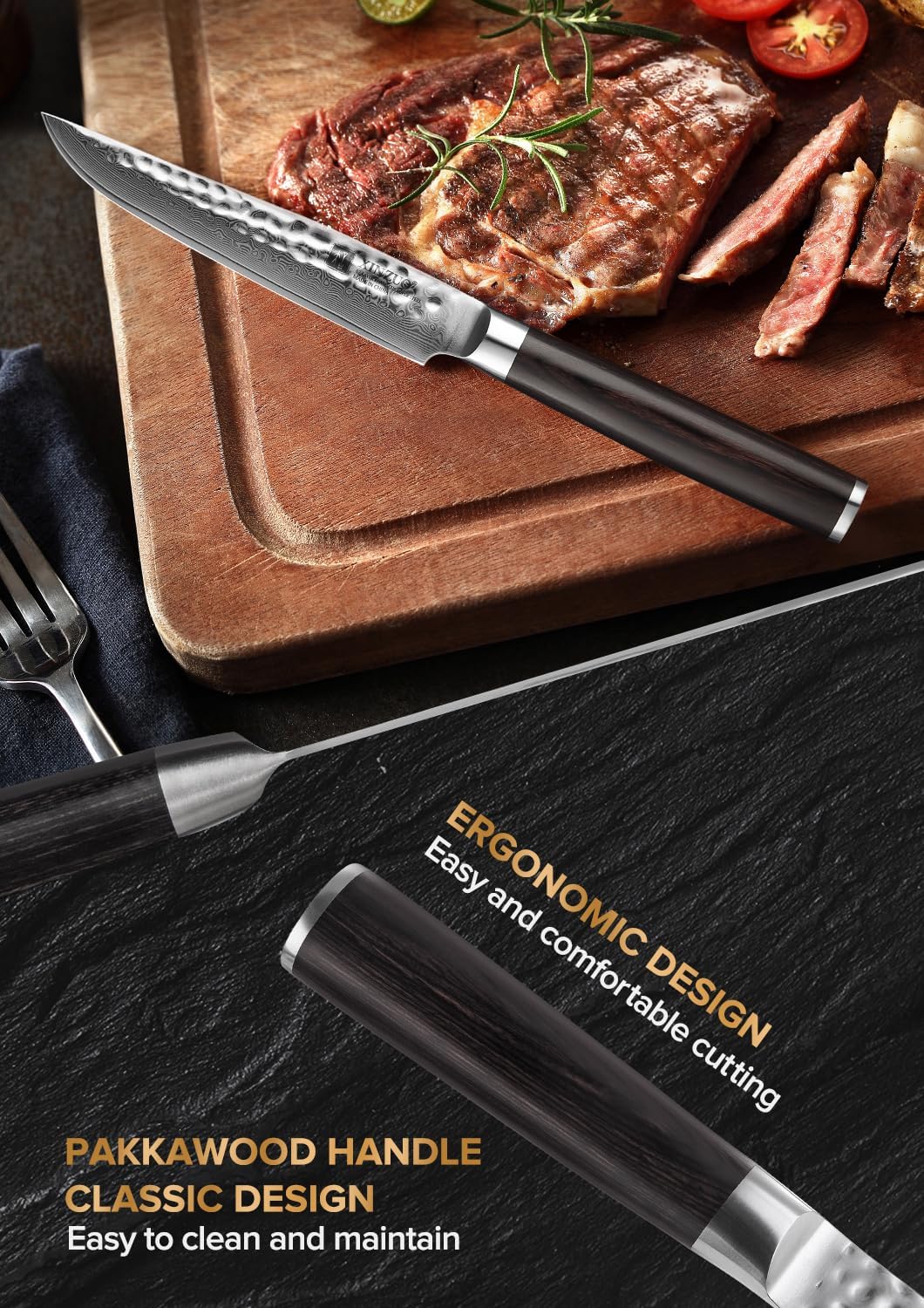 XINZUO 4-Teilig Steakmesser Set, 12.4cm Steakbesteck für 4 Personen, profi Damaststahl Steakmesser s