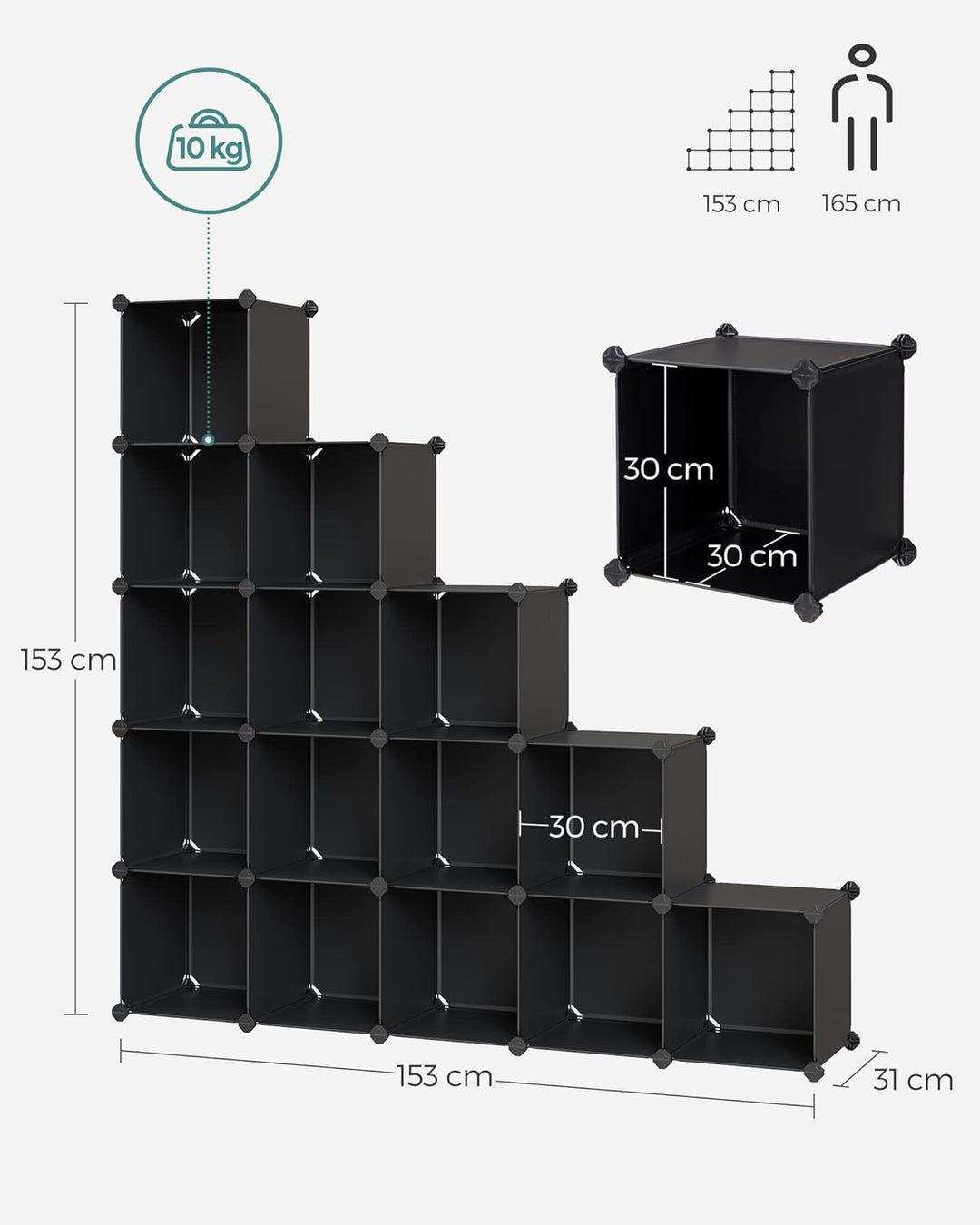 SONGMICS Schuhregal, Regalsystem, Steckregal, 15 Würfel, DIY Würfelregal, stapelbar, aus PP-Kunststo