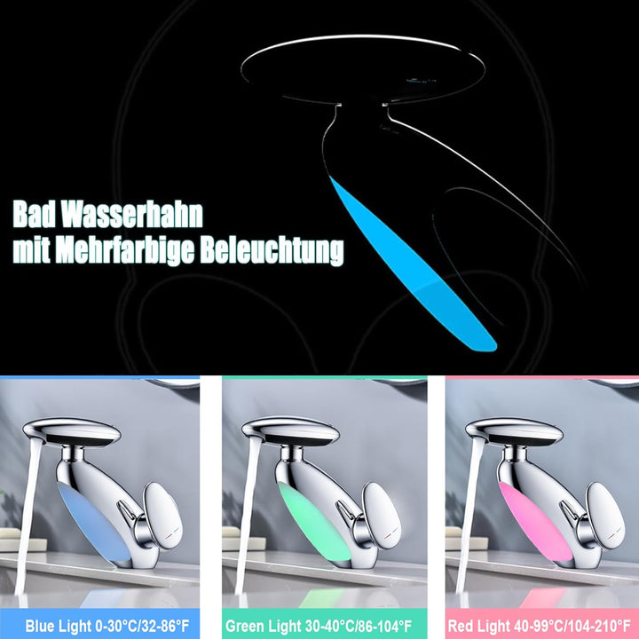 Wasserhahn Bad 4 Modus, LED Waschtischarmatur mit ausziehbarer brause, Wasserfall Mischbatterie Bad,