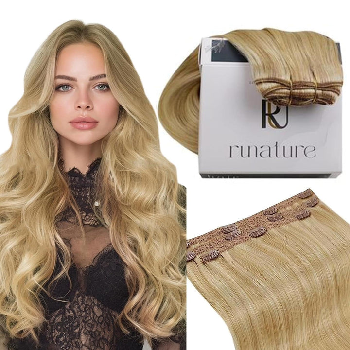RUNATURE Remy Clip Extensions Echthaar Highlighted Blond 35cm Clip Echthaar Haarverlängerung Unsicht