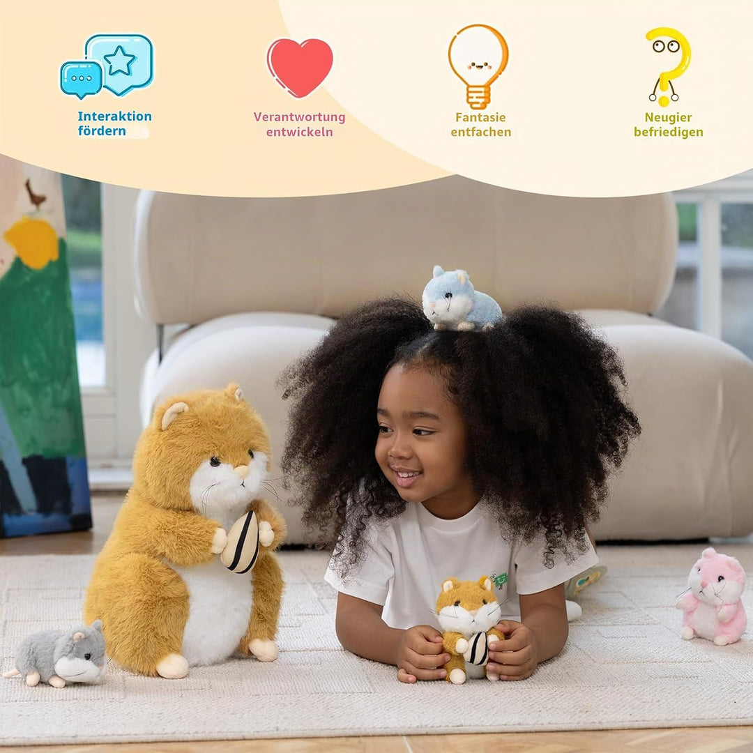 MorisMos 5 stücke Hamster Plüschtier Set, 32cm gross süss Hamster Kuscheltier XXL mit 4 Babys im Bau