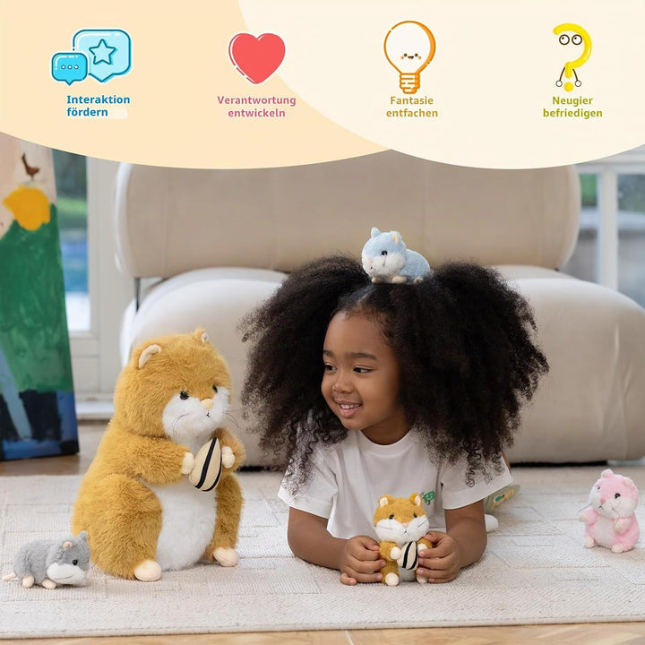 MorisMos 5 stücke Hamster Plüschtier Set, 32cm gross süss Hamster Kuscheltier XXL mit 4 Babys im Bau